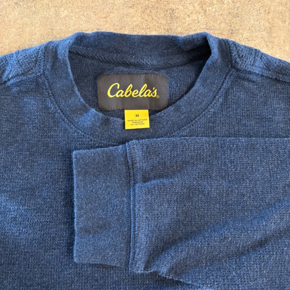 Cabelas Mens Long Sleeve Thermal Shirt Blue Size Medium 100% Cotton Crew Neck